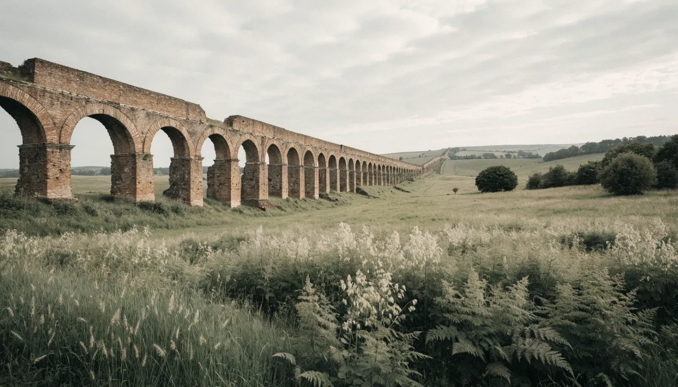 Illustration d'une longue file d'arches de pierre romaines traversant une campagne verte