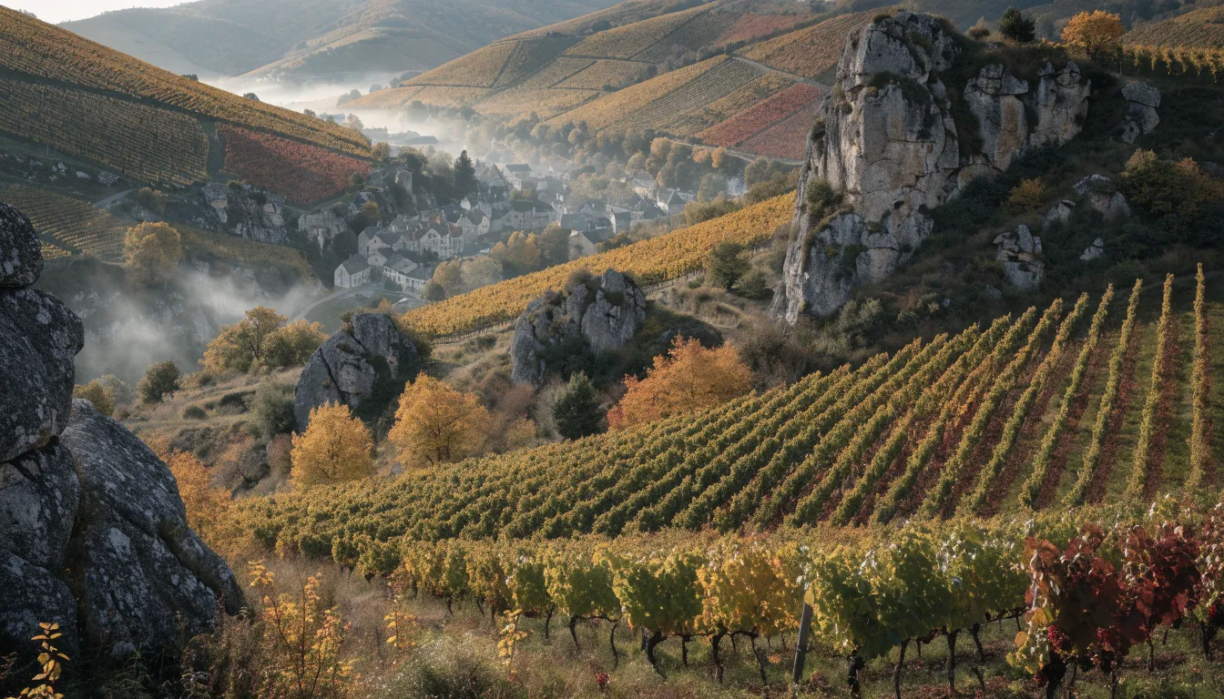 Illustration de rangs de vigne sur des coteaux, feuillage doré d'automne, un village de pierre en contrebas et de la brume au petit matin