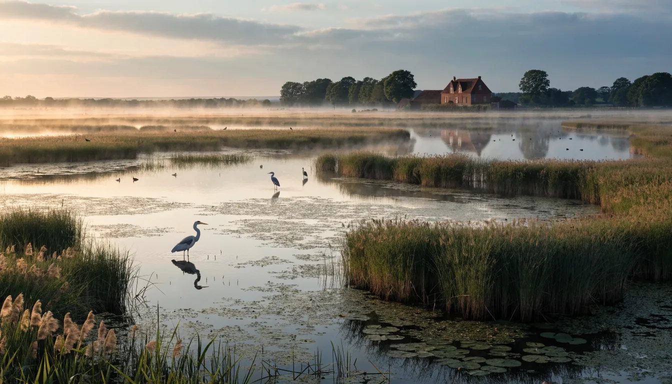 Étang peu profond bordé de roseaux à l'aube, oiseaux d'eau et ferme de brique rouge au loin