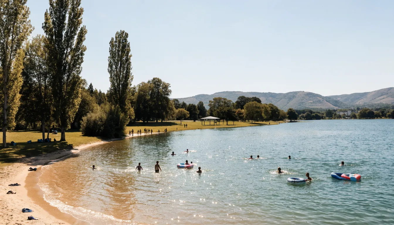 Illustration d'un grand lac avec une rive sableuse, des baigneurs, des peupliers et un parc verdoyant