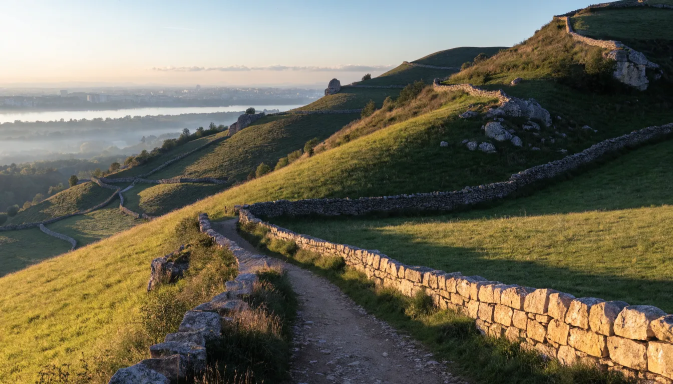 Illustration de collines calcaires avec un sentier, des murets de pierre dorée et Lyon au loin