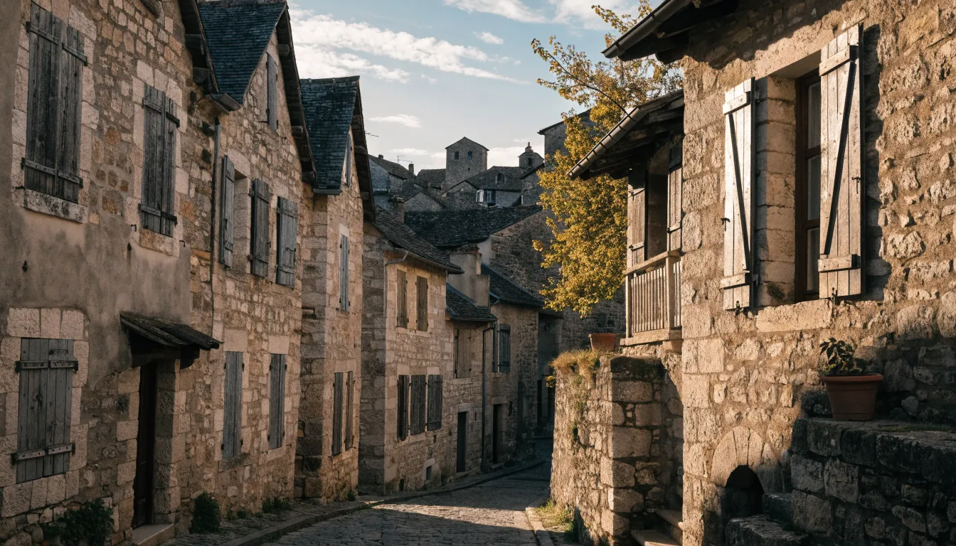 Ruelle pavée et maisons de pierre d'un village médiéval de la région lyonnaise