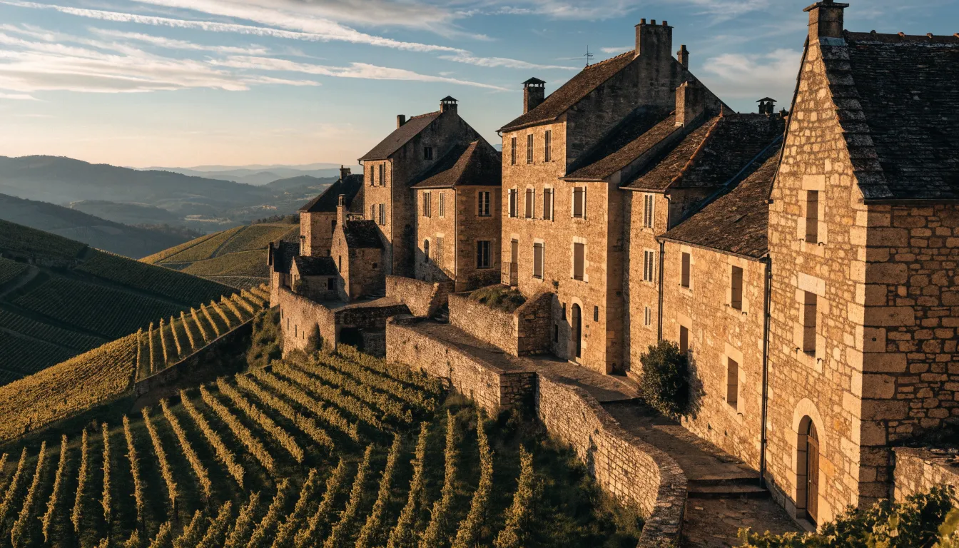 Illustration d'un village de pierre dorée perché au-dessus des vignes du Beaujolais, en lumière de fin de journée