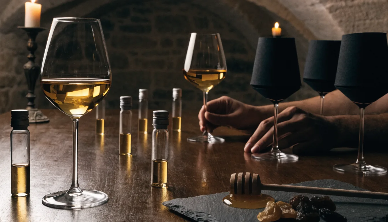 Verre de vin blanc moelleux entouré de flacons d'arômes et de verres noirs de dégustation à l'aveugle dans la cave voûtée