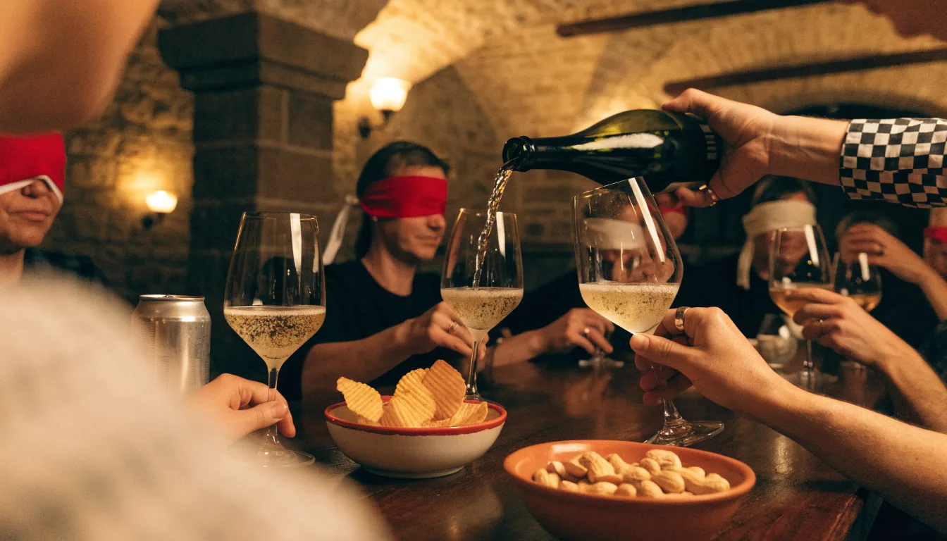 Dégustation à l'aveugle : participants aux yeux bandés et canette de vin posée sur la table de la cave voûtée