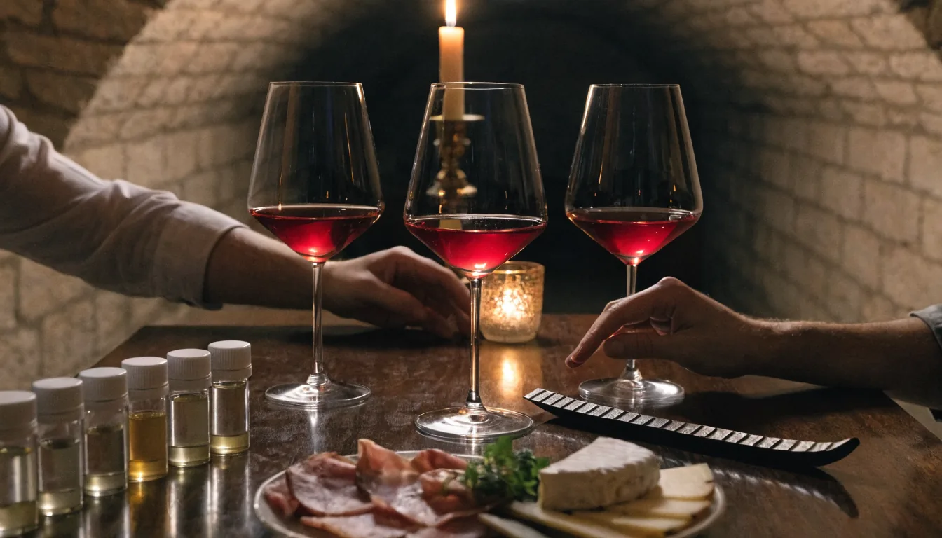 Trois verres de rouge du Beaujolais à la lueur d'une bougie, flacons d'arômes et planche d'accords mets et vins